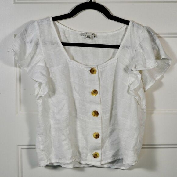 American Eagle Outfitters Tops - American Eagle Womens White Gauze Cap Sleeve Short Square Neck Large Buttons- L‎